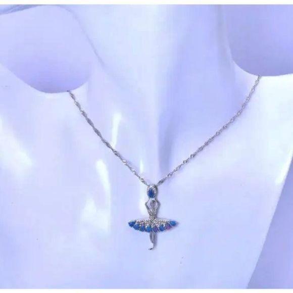 STUNNING WHITE OPAL N SAPPHIRE ON SILVER BALLERINA NECKLACE - Picture 7 of 8